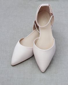 BLUSH Satin Pointy Toe Flats with Ankle Strap for women #shopkaileep #weddingshoes #blushpinkshoes #womenshoes Formal Ankle Strap Flats, Party Flats With Ankle Strap, Pink Bridesmaid Shoes, Purple Dress Shoes, Flats With Ankle Strap, Quinceanera Shoes, Pink Wedding Shoes, Ideas Clothes, Flower Girl Shoes