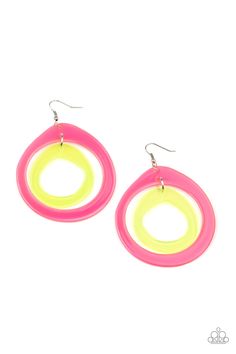 Featuring asymmetrical shapes, neon pink and yellow acrylic hoops link into a dizzying lure for an out-of-this-world experience. Earring attaches to a standard fishhook fitting.

 Sold as one pair of earrings. Asymmetrical Shapes, Paparazzi Jewelry Images, Lol Omg Dolls, Paparazzi Accessories Jewelry, Omg Dolls, Hostess Rewards, Lol Omg, Multicolor Earrings, Pink Acrylics