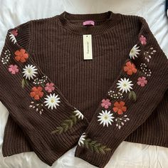 Size Small Brown Slightly Cropped Sweater With Colorful Flower Detail On The Sleeves, Tag Still On! Fairy Sweater, Fairy Academia, Flower Sleeves, Shein Sweater, Flower Sleeve, Deep Autumn, Embroidery Sweater, Hem Sweater, Embroidery Cross