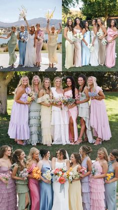 the bridesmaids are all dressed in different colors and styles for their wedding day