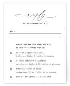 the wedding program card is shown in black and white with an elegant calligraphy font