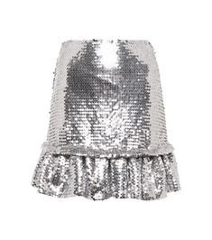 This miniskirt is covered in shiny metallic sequins that mimic the chain-linked discs so commonly seen on Paco Rabanne's designs | Paco Rabanne Sequined miniskirt Tulle Mini Skirt, Satin Suit, Chainmail Dress, Fringe Skirt, Paco Rabanne, Silver Sequin, Ruffle Hem, Fit And Flare, Sequin Skirt