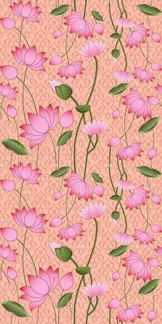 pink flowers with green leaves on a pink background