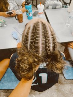 4 braids with space buns Braids With Space Buns, Space Buns With Braids, Meet Hairstyles, Gymnastics Hairstyles, Four Braid, 4 Braids Hairstyle, Upside Down French Braid, Braided Space Buns, Space Bun