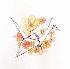 an origami bird surrounded by flowers on a white paper background with watercolor pencils