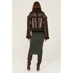 Brown faux leather (100% Polyurethane, Contrast: 100% Polyester). Jacket. Long sleeves. Collar. Front button closure. 20.5" from shoulder to hemline. Imported. Trendy Leather Jacket With Padded Collar For Work, Chic Cropped Jacket With Faux Fur Trim, Winter Workwear Leather Jacket With Padded Collar, Spring Workwear Leather Jacket With Faux Fur Trim, Spring Leather Jacket With Faux Fur Trim, Fitted Leather Jacket With Padded Collar For Fall, Winter Workwear Faux Leather Jacket, Faux Leather Outerwear With Faux Fur Lining, Faux Leather Jacket With Button Closure For Fall