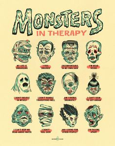 an old poster with many different types of monsters on it's face and the words monsters in therapy written below