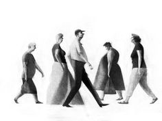 a group of people walking across a white surface with one man in the middle wearing a hat