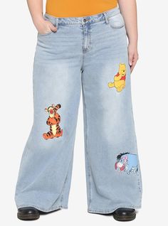 Need something cute to wear while strolling with your friends in the Hundred Acre Wood? How about these Winne the Pooh jeans! They have a straight-leg fit 5 pockets and feature prints of Pooh Tigger and Eeyore on the legs with a pot of honey with "Oh bother!" on the back pocket. Button and zipper closure. Disneyland Jeans, Tigger And Eeyore, Winnie The Pooh Characters, Pooh Characters, Embroidered Mom Jeans, Plus Size Distressed Jeans, Plus Size Disney, Size 16 Jeans, Painted Jeans