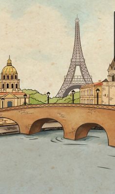 a drawing of the eiffel tower in paris, france on a bridge over water