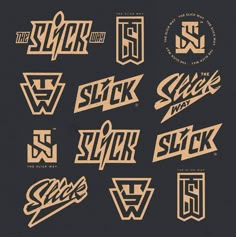 some type of stickers that are in different styles and colors on a black background