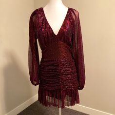 Perfect Party Dress! Flattering, Shiny Metallic Purple, Size Small. A Bloomingdales Exclusive. New With Tags Fitted V-neck Sequin Dress For Festive Occasions, Glamorous Festive Sequin Dress For Holiday Party, Festive Sequin Mini Evening Dress, Festive Sequin Mini Dress For Evening, Festive Evening Mini Sequin Dress, Festive Mini Sequin Evening Dress, Festive Party-ready Sequin Dress For Holiday Party, Holiday Long Sleeve Shimmer Mini Dress, Fitted Shimmer Dress For Festive Season