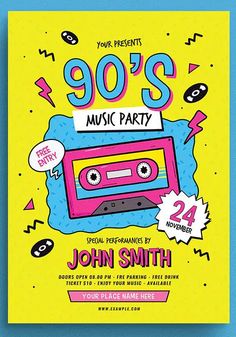 a party flyer with an old school cassette player on it