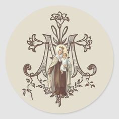 an image of the virgin mary and child jesus sticker on a round white background