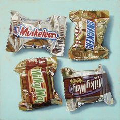 four different types of candy bars on a blue background with the words musketeen