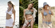 three different pictures of women in bikinis and bathing suits