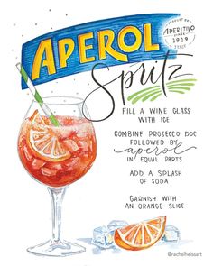 an advertisement for aperol spritz with orange slices and garnishes