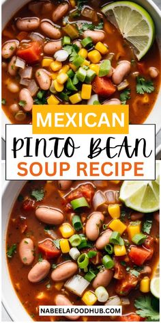 mexican pinto bean soup in a white bowl with limes and cilantro on the side