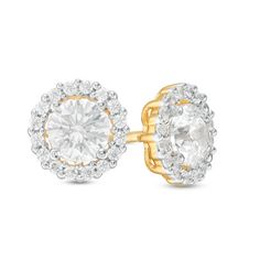 Express your affection with these dazzling diamond stud earrings. Crafted in 14K gold, each earring showcases a sparkling 3/8 ct. diamond wrapped in a shimmering frame of diamonds. Magnificent with 1 ct. t.w. of diamonds and a bright polished shine, these post earrings secure comfortably with friction backs. Dazzling Gold Diamond Earrings With Halo, White Diamond Halo Earrings In Fine Jewelry Style, Fine Jewelry White Diamond Earrings With Halo, Gold Jewelry With Halo Setting Lab Grown Diamond, Yellow Gold Diamond Cluster Earrings With Halo, White Diamond Halo Earrings Fine Jewelry, Dazzling Moissanite Earrings With Halo Setting, White Halo Cluster Earrings In Fine Jewelry Style, Dazzling Moissanite Halo Earrings