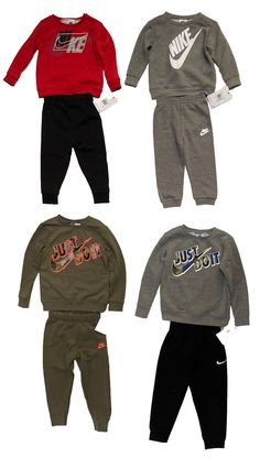 New with Tags Nike Baby/Toddlers Boy's Hooded or Non-Hooded Sweatshirt & Jogger Sweatpants Sets Regular & FRI-FIT FEATURES: Most sets were purchased as separate items and matched as sets, giving you a unique set instead of mass produced pre-made one MSRP: $44.00 - $86.00 Get your top quality sets here!!! Green hoodie has no tags, but is new & in mint condition AVAILABLE SIZES: 12 Months = 29-31.5” / 22.5-25 Lb 18 Months = 31.5-34” / 25.5-28 Lb 24 Months = 34-36” / 28.5-30 Lb 2T = 1-2 Years 3T = 2-3 Years 4T = 3-4 Years 4 = 3-4 Years COLOR DESCRIPTION & FABRIC: 1) Blue "Nike Air" zip-up hoodie with pockets, plus Black joggers; 60% cotton 40% polyester 2) Black wavy grid zip-up track jacket with Black sleeves, pockets & Lime Green NIKE & swoosh, plus lightweight Black fleece lined joggers wi Winter Sports Cotton Sets, Fall Sports Sets Sportswear, Fall Sportswear Sets For Sports, Long Sleeve Sports Sets For Fall, Casual Winter Sports Sets, Fall Long Sleeve Sports Sets, Nike Long Sleeve Loungewear Sets, Nike Loungewear Sets, Sporty Fleece Sets For Fall