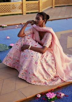 Light peach raw silk floral lehenga with delicate glass beads, sequence, thread embroidery and zardozi , paired with raw silk elbow sleeve embroidered blouse and organza dupatta with embroidered borders and sequence and resham buttis. Floral Lehenga, Organza Dupatta, Western Wedding, Thread Embroidery, Light Peach, Fashion App, Wedding Service, Elbow Sleeve, Bride Bridal