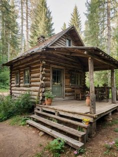 a small log cabin in the woods with steps leading up to it's front door