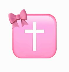 a pink square button with a bow on the side and a white cross in the middle