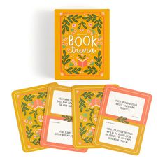 three cards with the words book journal written on them, and an orange card case