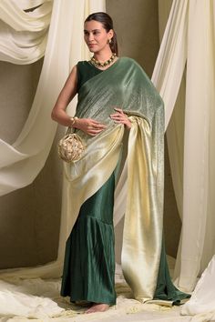 Emerald ombre green long saree gown featuring accordion pleats and comes with an attached pallu. - Aza Fashions Ombre Saree, Saree Gowns, Ombre Green, India Shopping, Accordion Pleats, Gown For Women, Saree Gown, Drape Saree, Green Ombre