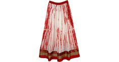 Monarch Border Festive Long Skirt in Clearance - Red White Skirt with Rich Border Trim - This attractive skirt is maxi with slight gathers around the waistline. Features: Applique, Misses, Maxi Skirt, Tie-Dye, Indian, Sale|19.99|. Red Gathered Skirt Bottoms For Summer, Red Skirt With Elastic Waistband For Summer, Red Summer Skirt With Elastic Waistband, Red Gathered Maxi Skirt For Summer, Red Skirt With Elastic Waistband, Red Flowy Maxi Skirt For Summer, Summer Flowy Red Maxi Skirt, Flowy Red Maxi Skirt For Summer, Red Tiered Maxi Skirt With Elastic Waistband