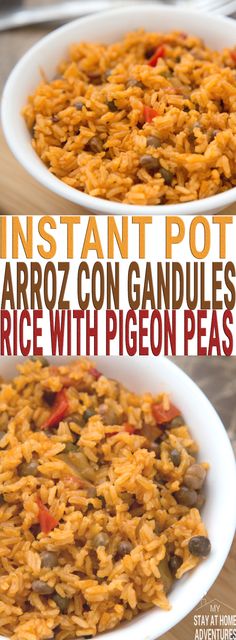 two white bowls filled with mexican rice and beans next to the words instant potaroza con gandulasa rice with pigeon peas