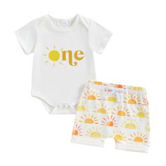 PRICES MAY VARY. Material: Tops: 95%cotton, 5%elastane; Trousers: 95%polyester, 5%elastane. The baby boy one sun birthday outfits are soft and breathable, gentle to babys skin. Fine workmanship, comfy and cozy to wear. Feature: Sun One birthday outfit; One birthday shirt: short sleeve romper bodysuit, sun letter print, bottom snap closure for easy diaper changing. Shorts: Elastic waistband, rolled hem. Easy to put on and take off; Adorable baby boy 1 year old birthday outfit, one year old boy bi Sunshine 1st Birthday Boy, First Birthday Boy Summer, Sunshine First Birthday Boy, First Birthday Boy Outfit, Bday Shirts, Baby Boy Birthday Outfit, Summer Birthday Outfits, Bodysuit And Shorts, Birthday Baby Boy