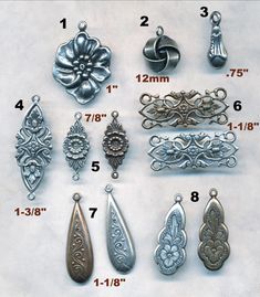 several different metal items are shown on a white surface with measurements for each item in the image