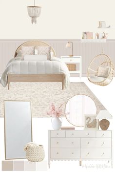 a bedroom is shown with white furniture and beige accessories, including a bed, dresser, mirror