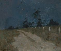 an oil painting of a dirt road in the middle of a grassy field at night