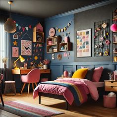 a bedroom with blue walls, pink bedding and lots of colorful decorations on the wall