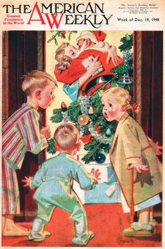 an old fashioned christmas card with children decorating the tree