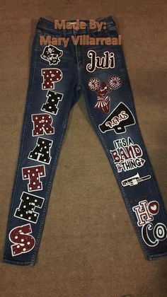 Homemade Spirit pants with vinyl. Worked with Black, White, and Maroon. Just did the front on these. Spirt Week Pants Ideas, Diy Senior Pants, Black Senior Pants, Vinyl On Jeans, Hoco Pants Painted, Spirit Pants Ideas, Spirit Jeans Homecoming Ideas, Senior Painted Jeans 2023, School Spirit Pants