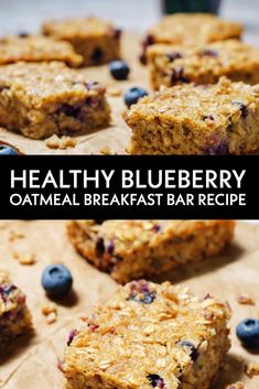 healthy blueberry oatmeal breakfast bar recipe on parchment paper with text overlay