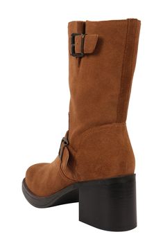 Add the edginess you crave to your ensemble with this leather boot brightened with polished buckles and lifted on a chunky block heel. 2 1/2" heel 7 3/4" shaft Cushioned footbed Leather upper/synthetic lining/rubber sole Imported Brown Moto Boots With Stacked Heel For Fall, Brown Wide Calf Boots With Block Heel, Brown Block Heel Moto Boots For Fall, Brown Ankle Moto Boots With Buckle Closure, Brown Ankle Moto Boots With Buckle, Brown Wide Calf Mid-calf Boots With Reinforced Heel, Wide Calf Brown Mid-calf Boots With Reinforced Heel, Brown Moto Boots With Block Heel For Fall, Fall Boots With Buckle Closure And Block Heel