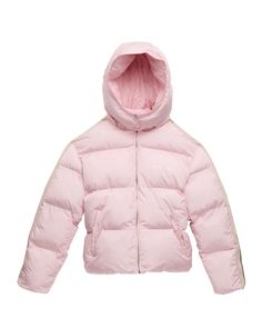 Palm Angels puffer jacket with stripe down arms Hooded neckline; snap closures Long sleeves Full zip front Side welt pockets Straight hem Nylon/polyamide Made in Italy Baby Pink Puffer Jacket, Sporty Down Puffer Jacket With Ribbed Cuffs, Pink Nylon Puffer Jacket With Padded Collar, Sporty Puffer Jacket With Padded Collar For Cold Weather, Sporty Nylon Puffer Jacket With Double-lined Hood, Sporty Pink Puffer Jacket For Cold Weather, Sporty Pink Hooded Puffer Jacket, Pink Down Puffer Jacket With Padded Collar, Sporty Pink Puffer Outerwear