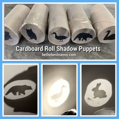 several pictures of different animals and their shadows on the paper towels that they are made out of