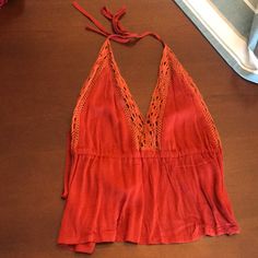 Lace Accent, Rust Colors Halter Top, Never Worn Red V-neck Halter Top For Spring, Chic Red Halter Top For Beach, Red V-neck Tops For Beach Season, Red Halter Neck Summer Top, Red V-neck Top For Beach Season, Red Bohemian Tops For Beach Season, Red V-neck Halter Top For Summer, Chic Red Tops For Festival, Red Sleeveless Halter Top For Vacation