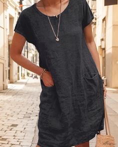 Elluis - High-Quality Washed Cotton Linen Dress: Loose-Fit, Short-Sleeve Solid Color Design, Round Neckline with Functional Pockets Cotton Linen Dresses, Skirt Skirt, Types Of Skirts, Linen Dress, A Line Skirt, Single Piece, Types Of Collars, Skirt Length, A Line Skirts