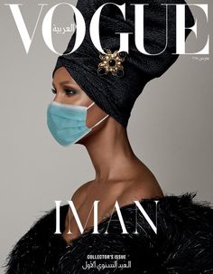 a woman wearing a face mask on the cover of a magazine, with an image of a