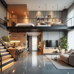 a living room filled with furniture next to a staircase leading up to a loft bed