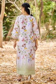 Fawn straight kaftan with floral print and shell bead tassel hand embroidery. - Aza Fashions Kaftan Pattern, Kaftan Women, Kaftan For Women, Eid Party, Cocktail Reception, Luxury Sale, Beaded Neckline, Beaded Tassels, Shell Beads