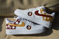 Florida State Game Days Shoes, shoes are made to order and can be customized with any school or mascot, because they are completely hand painted the turn around time is 1-2 weeks! Custom Nike Air Force 1, Custom Nike Air Force, Dodge Challenger Srt Hellcat, Painted Sneakers, Challenger Srt, Srt Hellcat, Custom Nike, Cute Nike Shoes, Sneakers Athletic