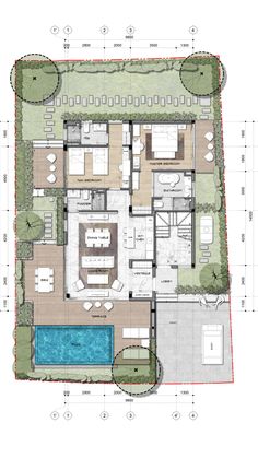 the floor plan for a house with swimming pool and garden area in front of it