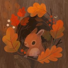 a painting of a squirrel peeking out from behind some autumn leaves and acorns